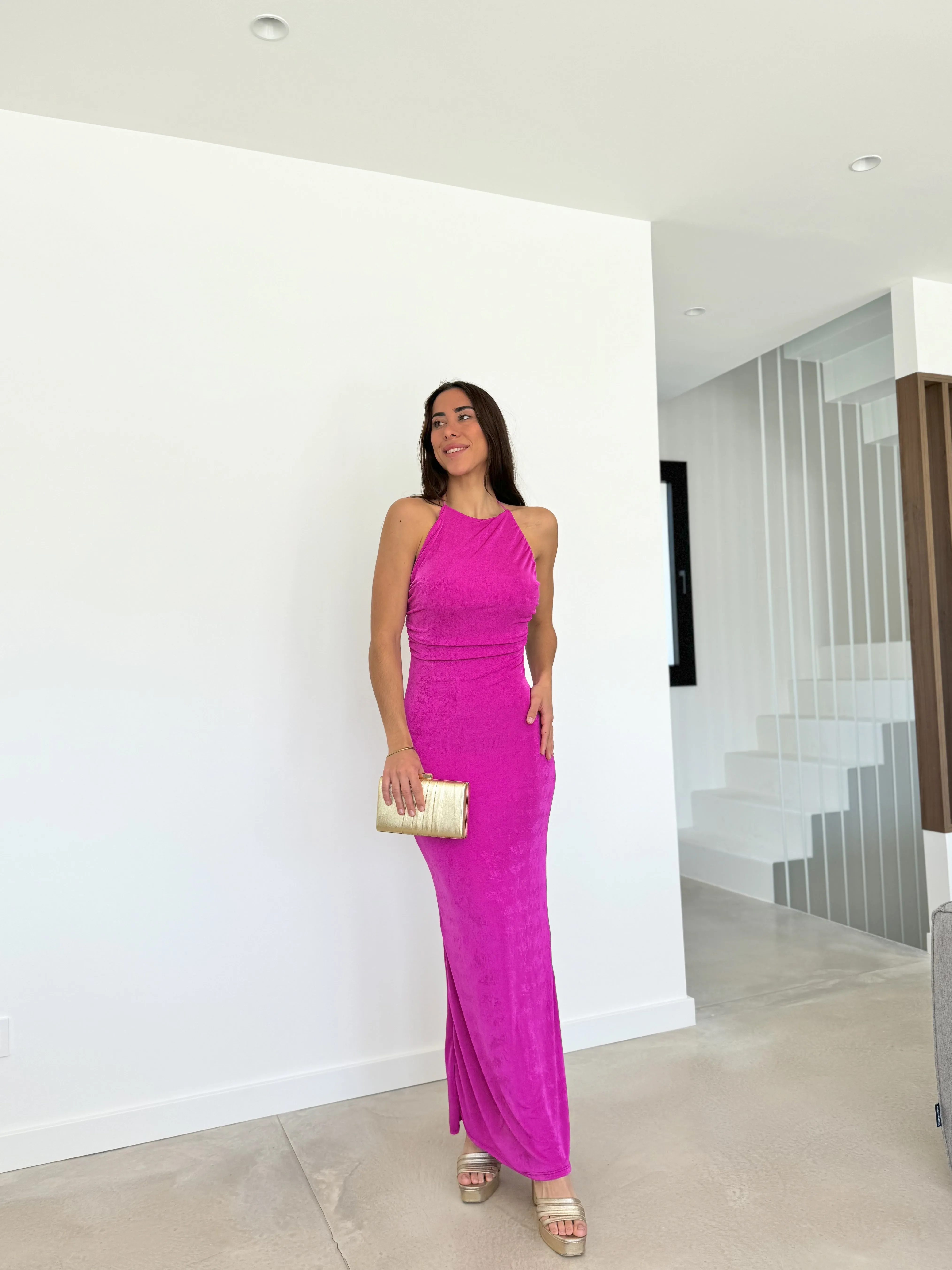 Vestido halter espalda fucsia sold by Sorellas