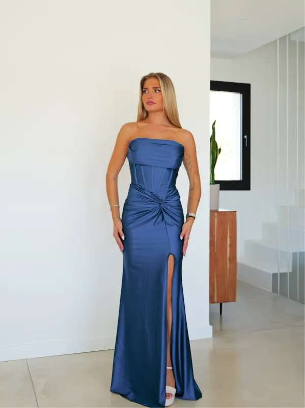 Vestido corsé satin nudo petróleo sold by Sorellas