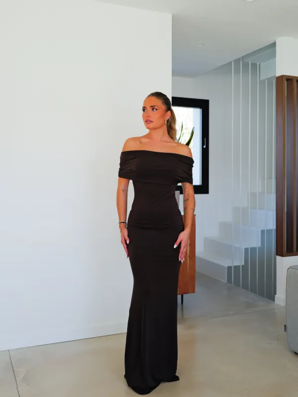 Vestido bardot espalda chocolate sold by Sorellas