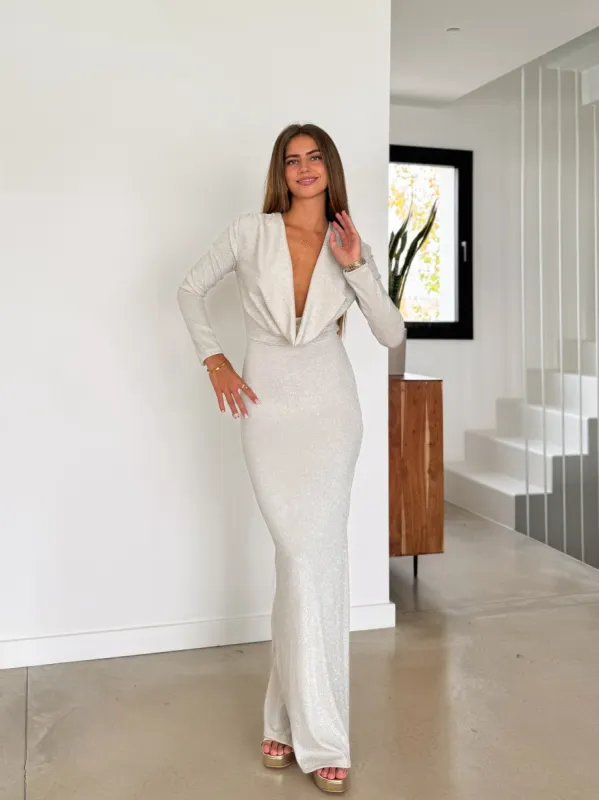 Vestido manga larga cascada lurex beige sold by Sorellas