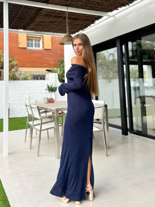 Vestido largo bardot lurex marino sold by Sorellas