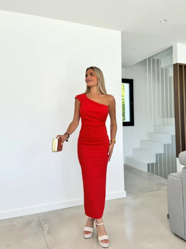 Vestido midi crepe asimétrico rojo sold by Sorellas
