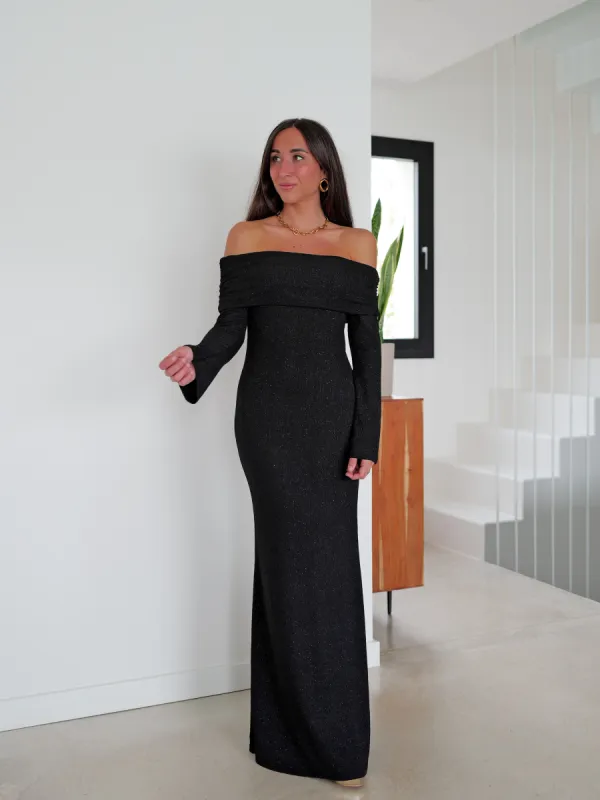 Vestido largo bardot lurex negro sold by Sorellas