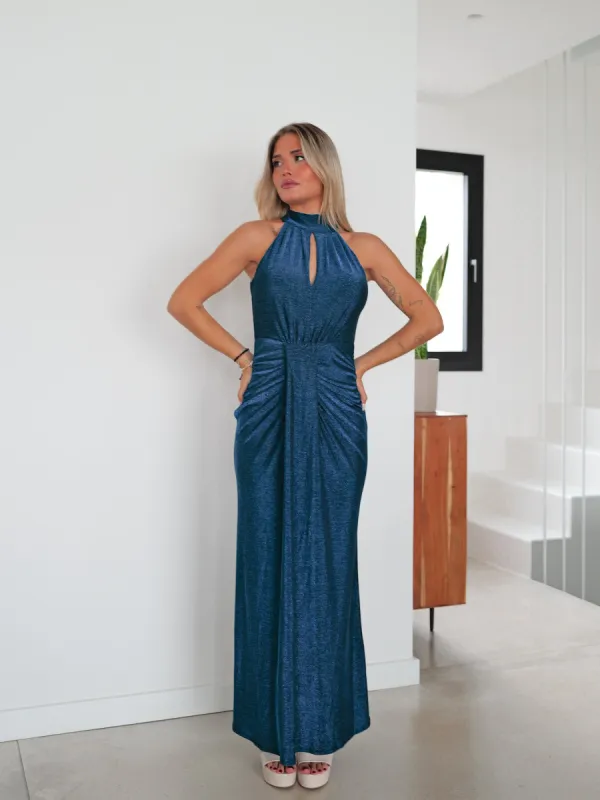 Vestido lurex halter ovalo azul sold by Sorellas