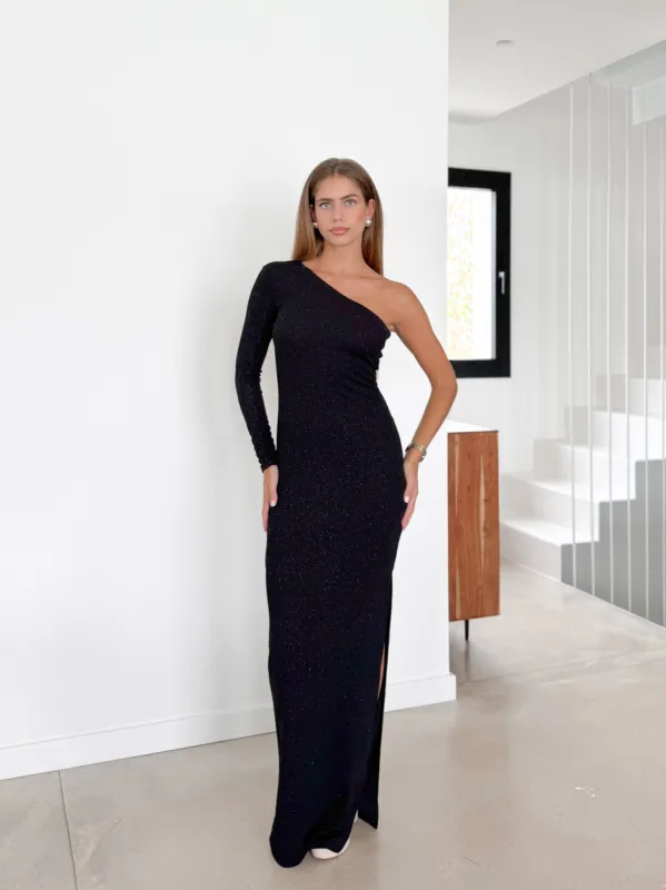 Vestido largo lurex asimétrico negro sold by Sorellas