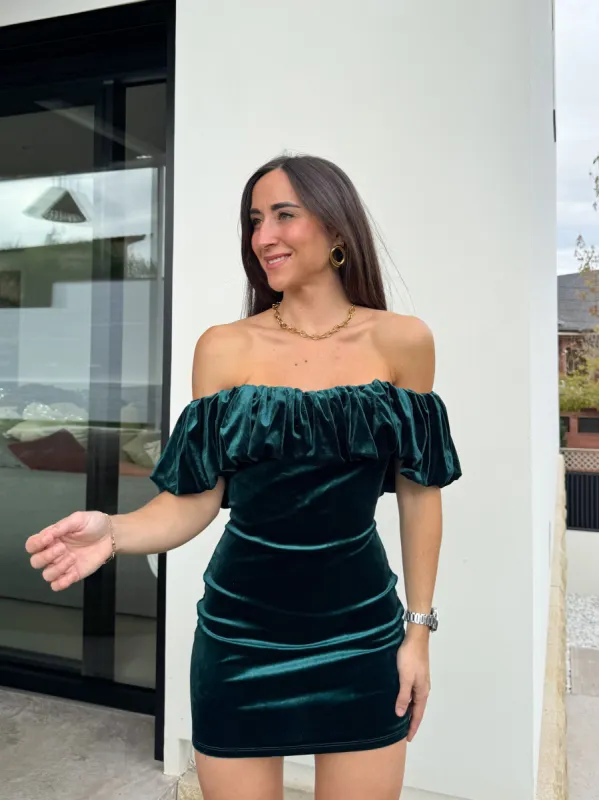 Vestido mini velvet pompón petróleo sold by Sorellas