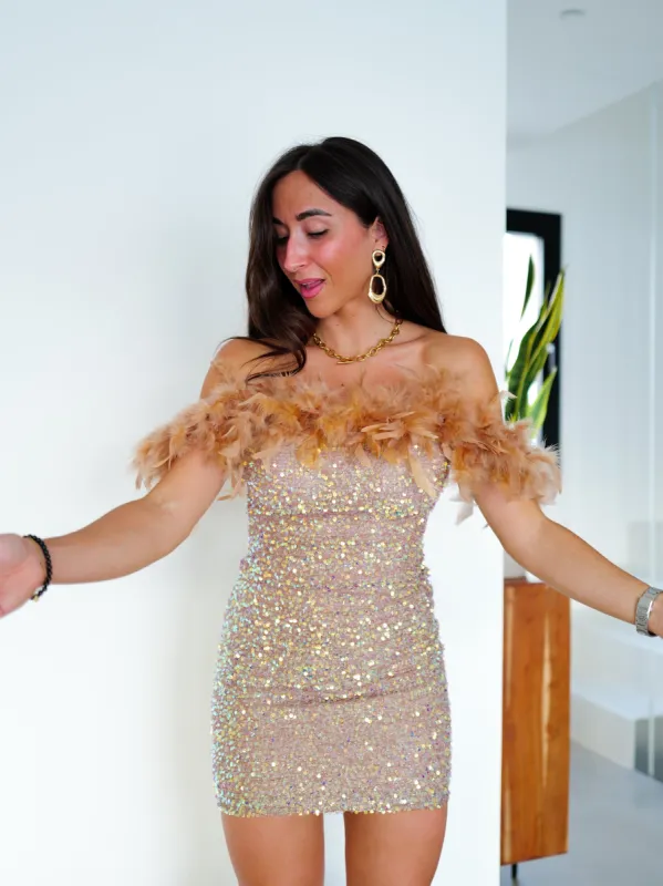 Vestido mini plumas glitter beige sold by Sorellas