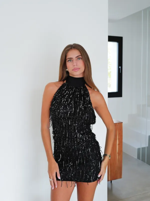 Vestido mini glitter flecos negro sold by Sorellas