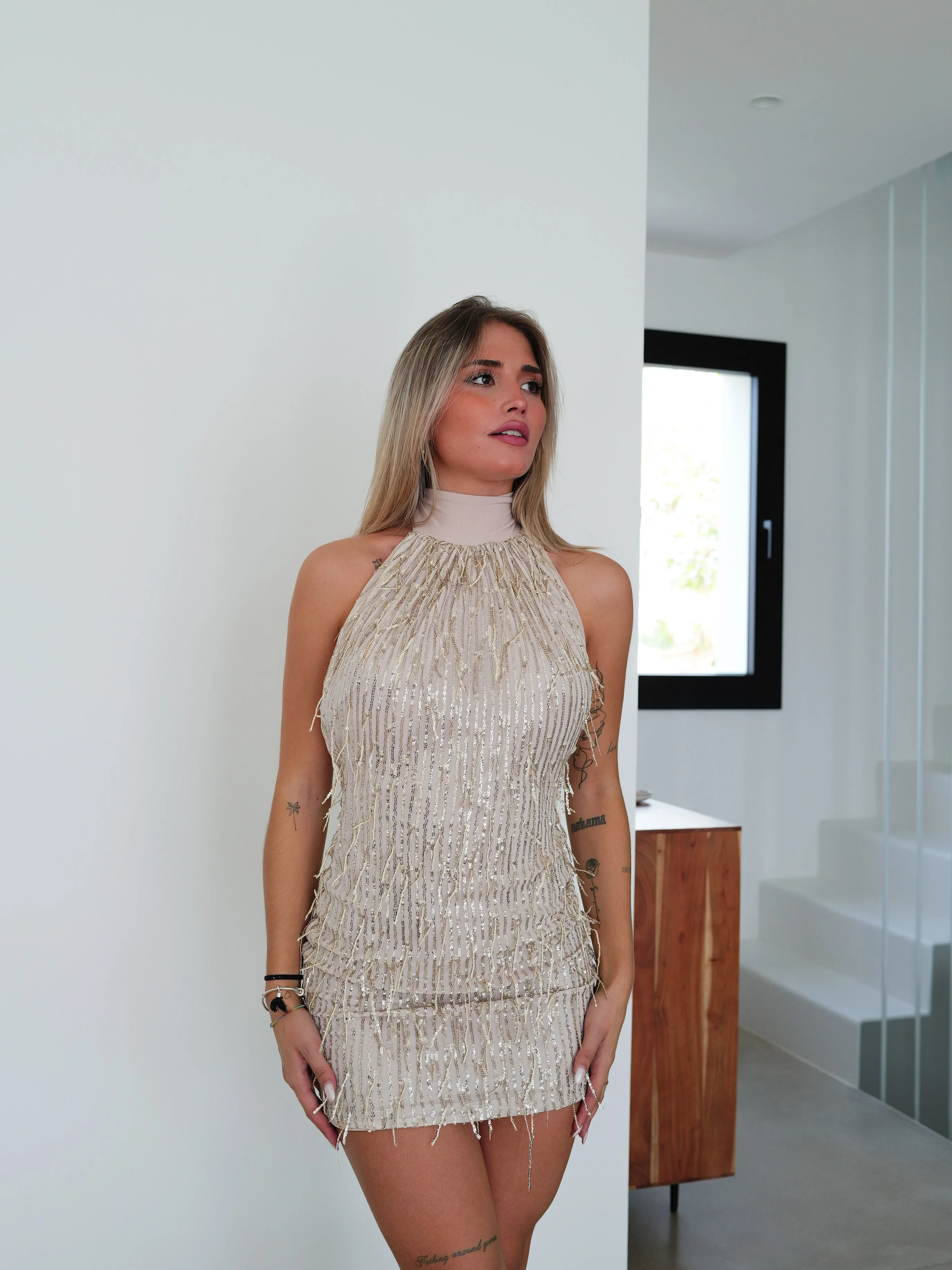Vestido mini glitter flecos beige sold by Sorellas product image thumbnail 3