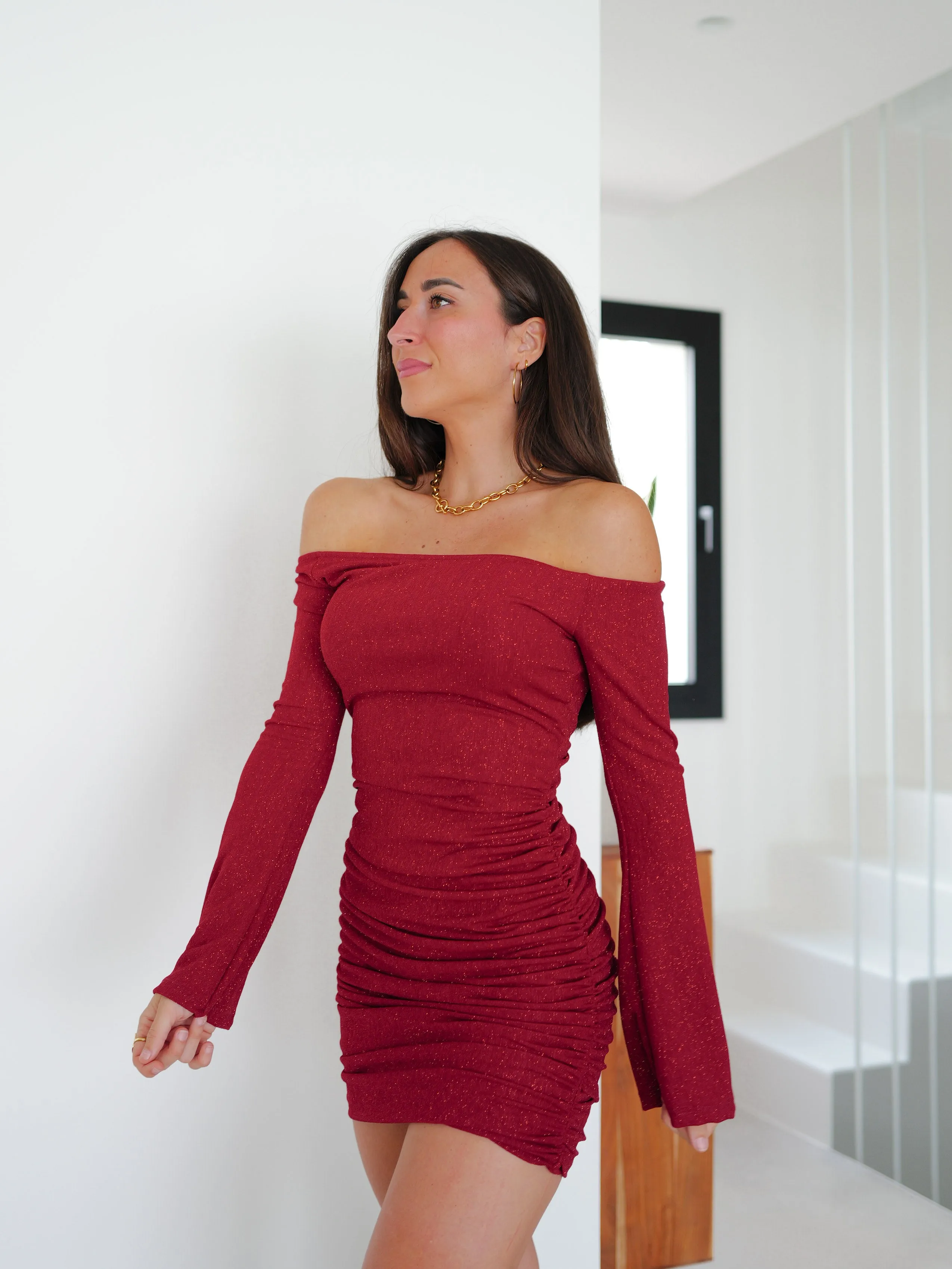 Vestido mini lurex manga campana burdeos sold by Sorellas product image thumbnail 3