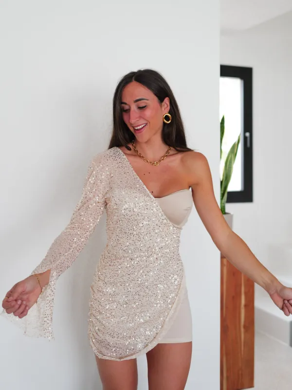 Vestido mini asim corsé glitter beige sold by Sorellas