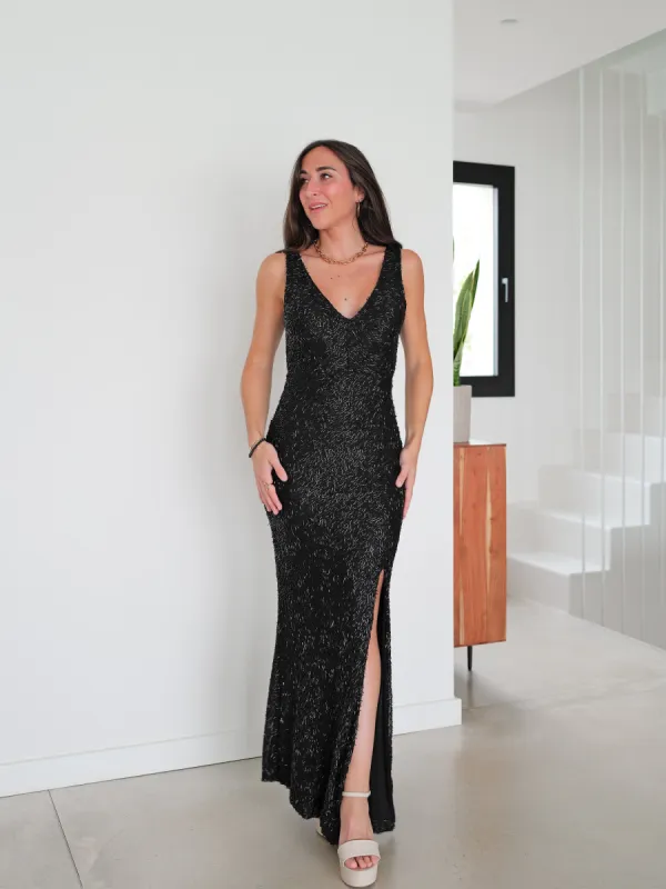Vestido largo textura brillo negro sold by Sorellas