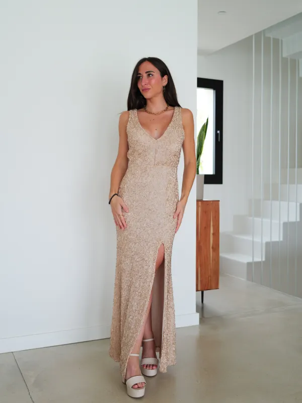 Vestido largo textura brillo beige sold by Sorellas