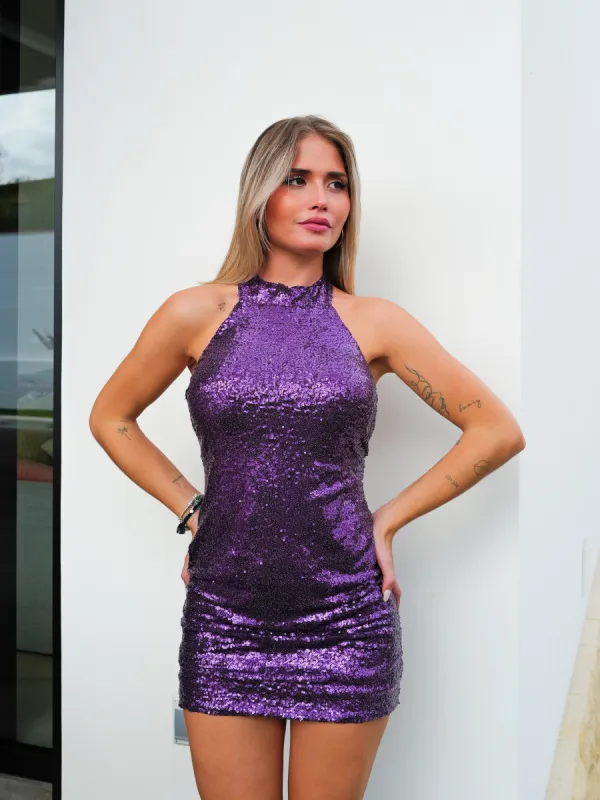 Vestido halter glitter morado sold by Sorellas