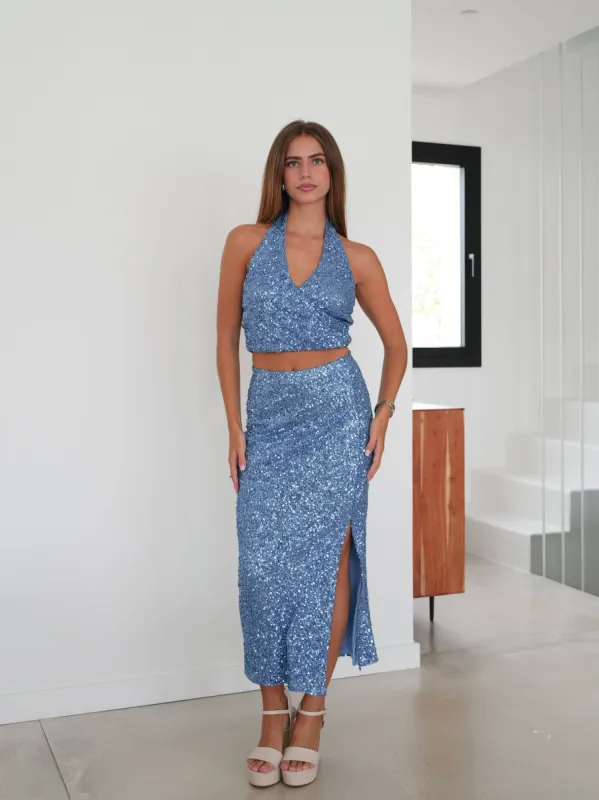 Falda glitter midi azul sold by Sorellas