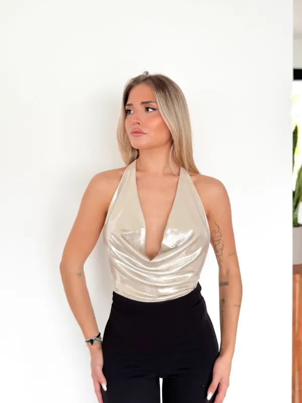 Body cascada metalizado dorado sold by Sorellas