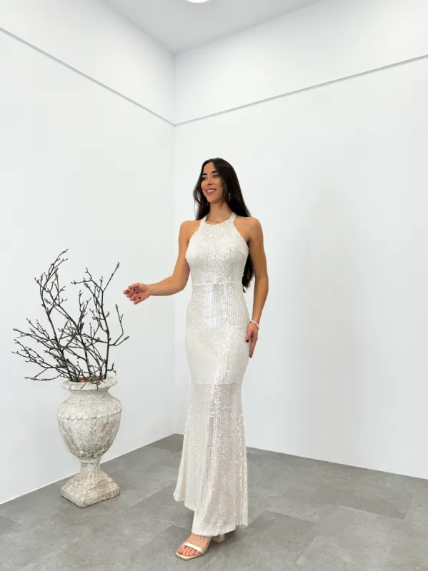 Vestido glitter largo halter perla sold by Sorellas