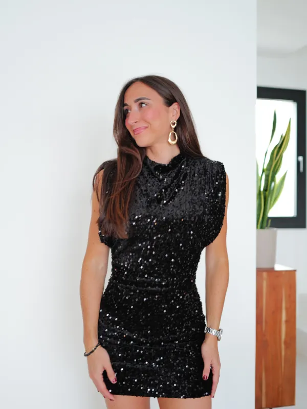 Vestido mini hombreras velvet lentejuelas negro sold by Sorellas