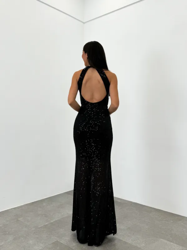 Vestido glitter largo halter negro sold by Sorellas