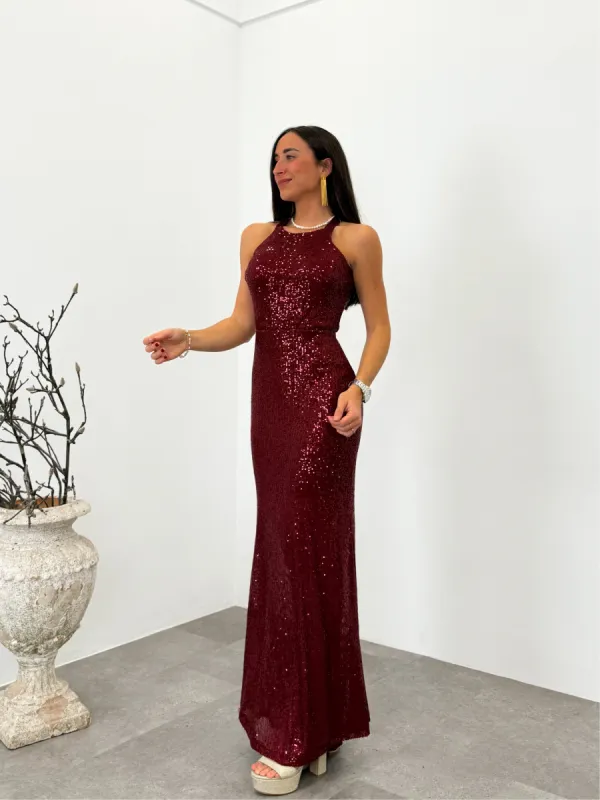 Vestido glitter largo halter burdeos sold by Sorellas