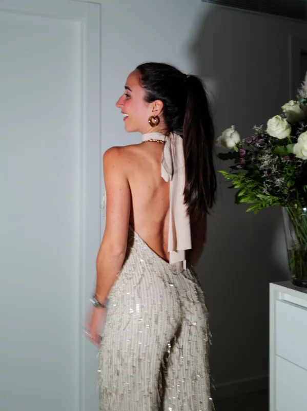 Mono halter strass flecos beige sold by Sorellas