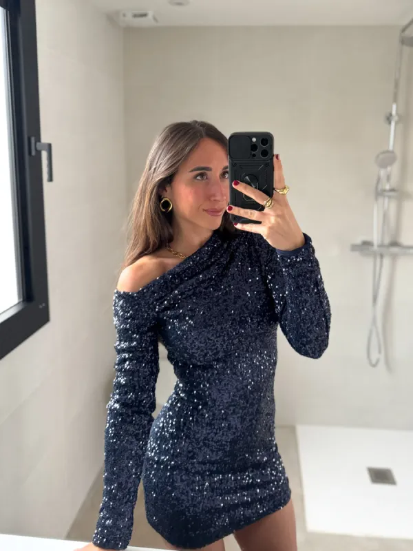 Vestido mini asimetrico glitter marino sold by Sorellas