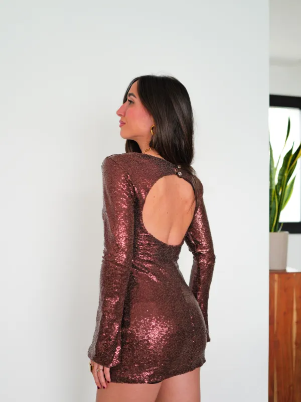 Vestido mini espalda glitter chocolate sold by Sorellas