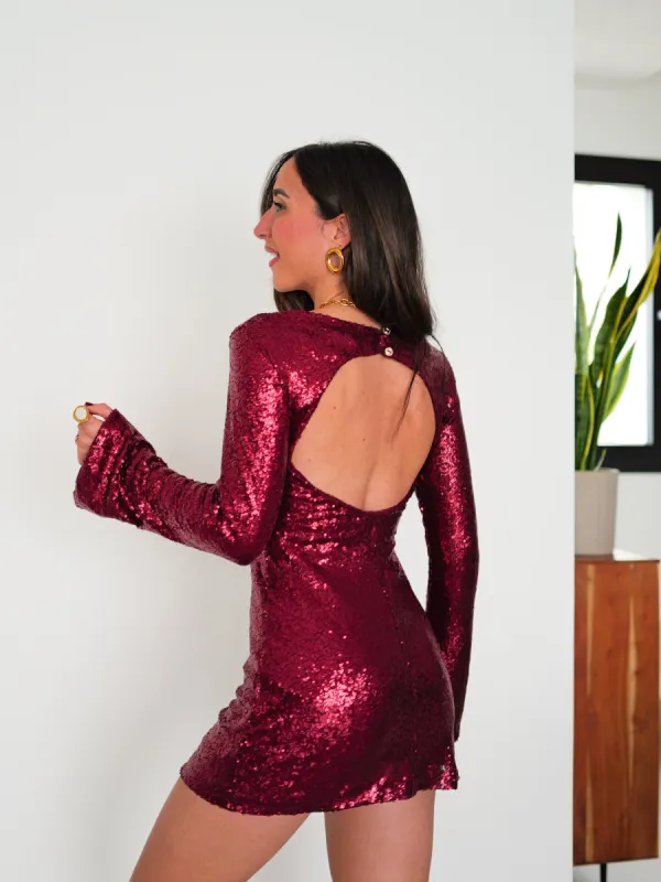 Vestido mini espalda glitter burdeos sold by Sorellas