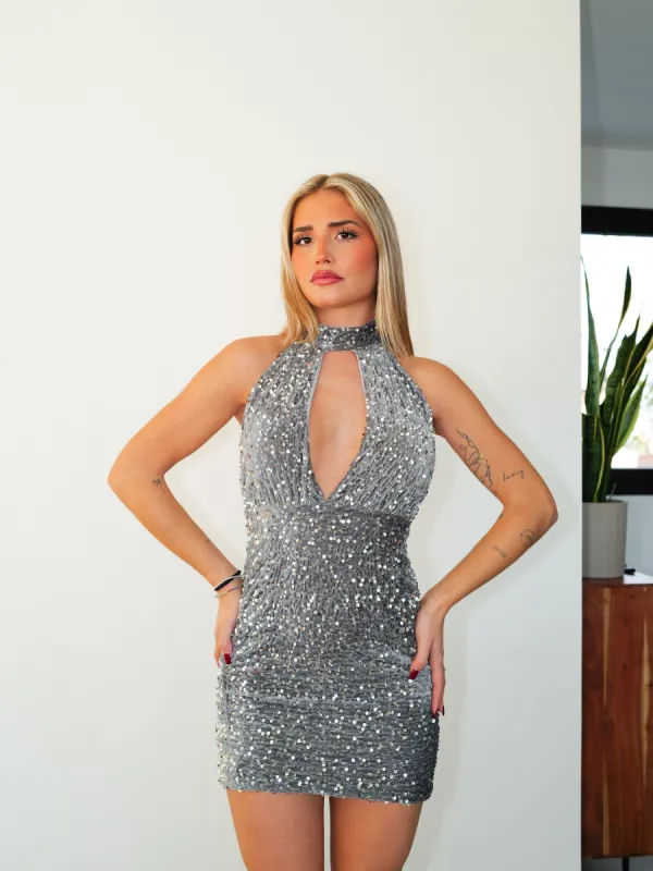 Vestido escote velvet glitter gris sold by Sorellas