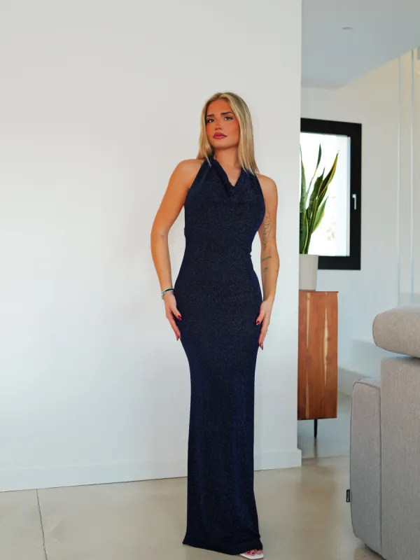 Vestido largo cascada lurex marino sold by Sorellas