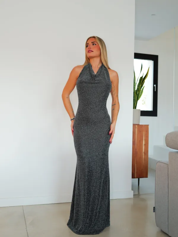 Vestido largo cascada lurex plata sold by Sorellas
