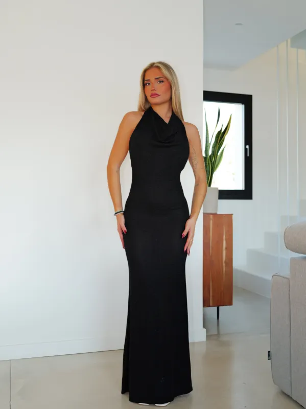 Vestido largo cascada lurex negro sold by Sorellas