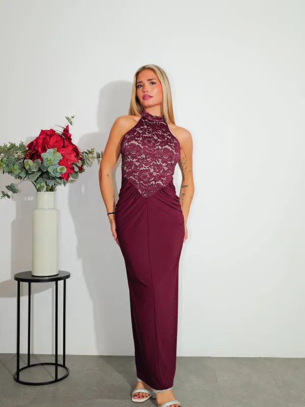 Vestido halter encaje berenjena sold by Sorellas