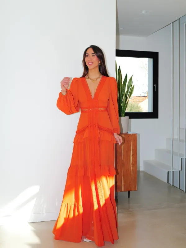 Vestido pico bordado naranja sold by Sorellas