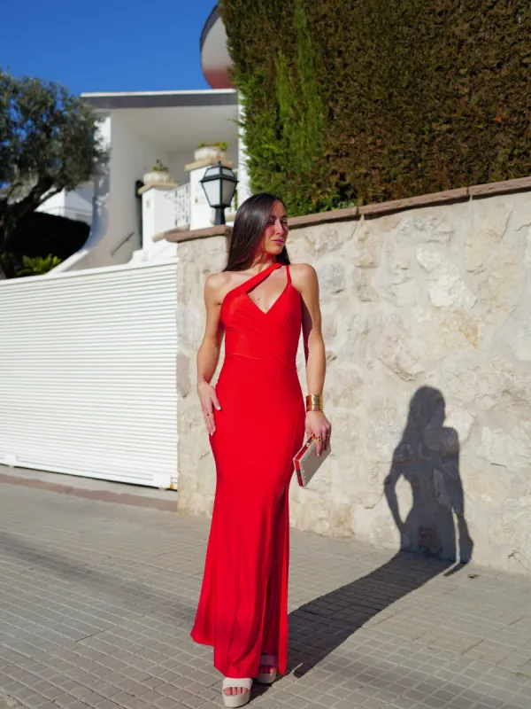 Vestido largo pico banda rojo sold by Sorellas