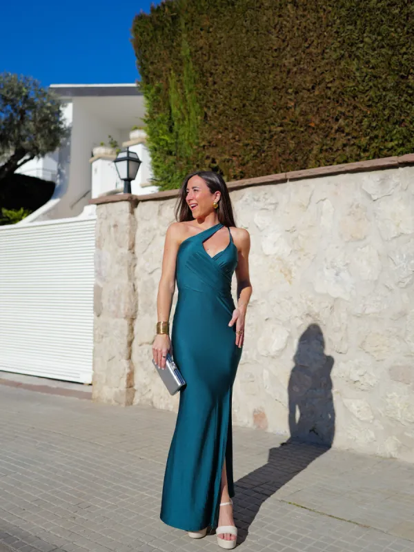 Vestido largo pico banda petróleo sold by Sorellas