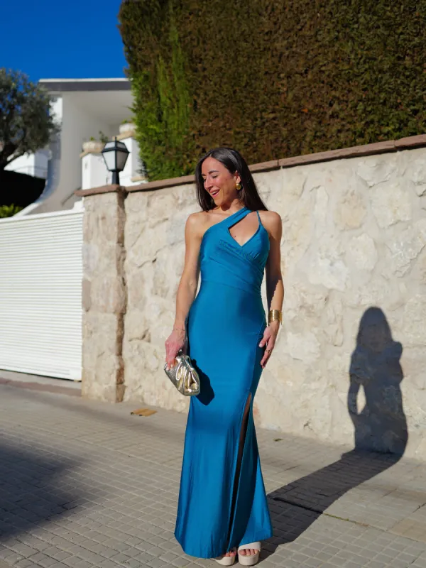 Vestido largo pico banda petróleo sold by Sorellas