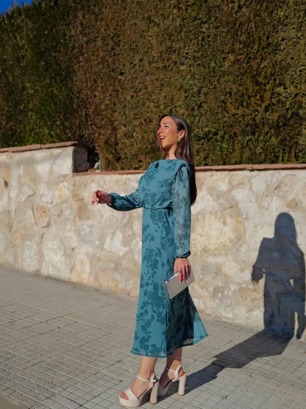 Vestido midi hombreras petróleo sold by Sorellas