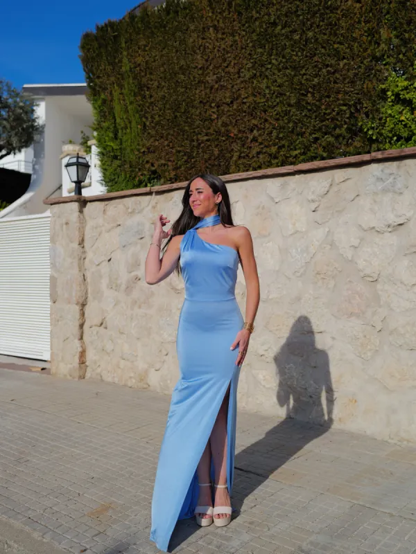 Vestido asim satin choker celeste sold by Sorellas