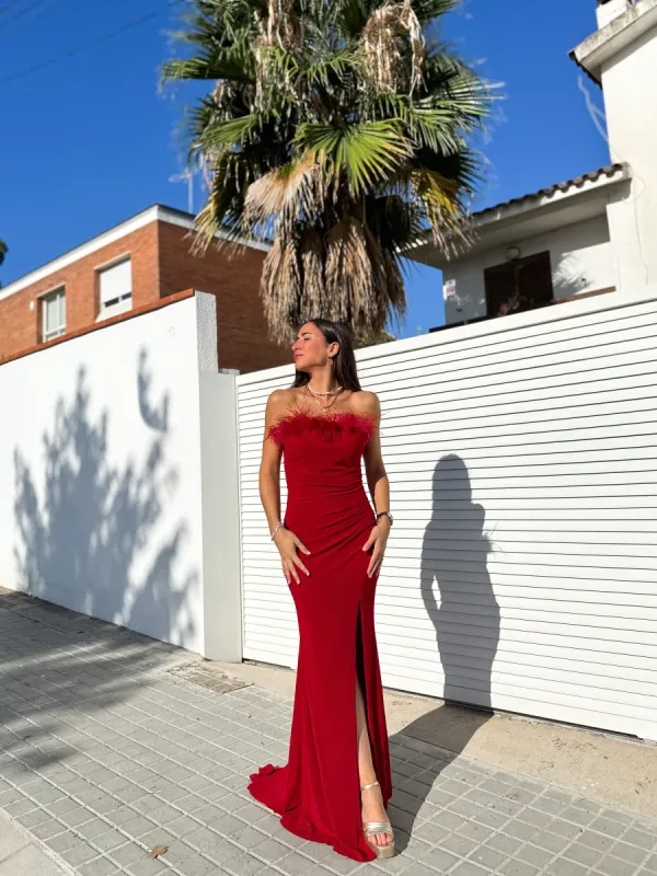 Vestido palabra plumas burdeos sold by Sorellas