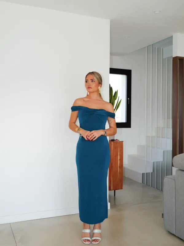 Vestido midi barco cruzado petróleo sold by Sorellas