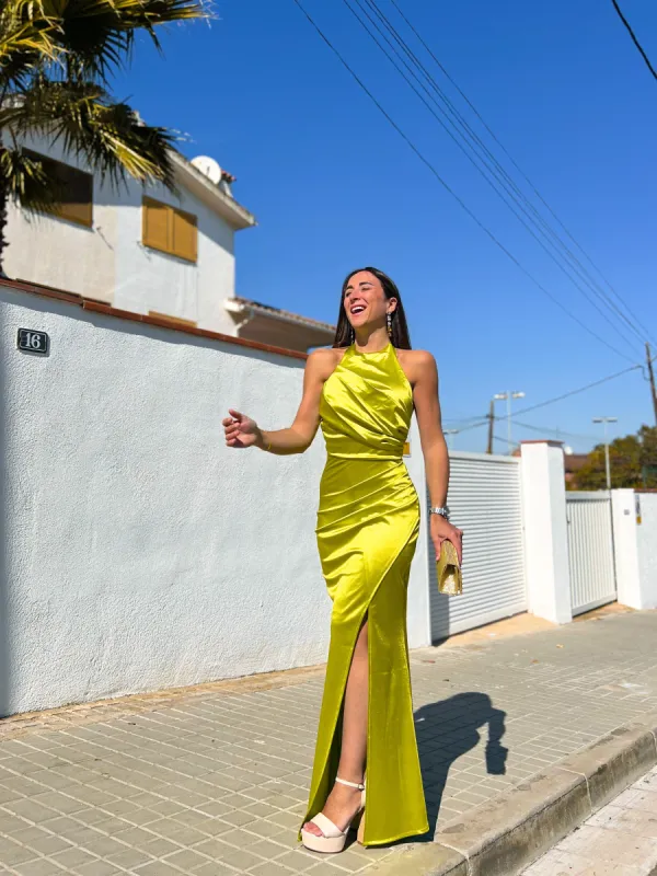 Vestido largo halter drapeado lima sold by Sorellas
