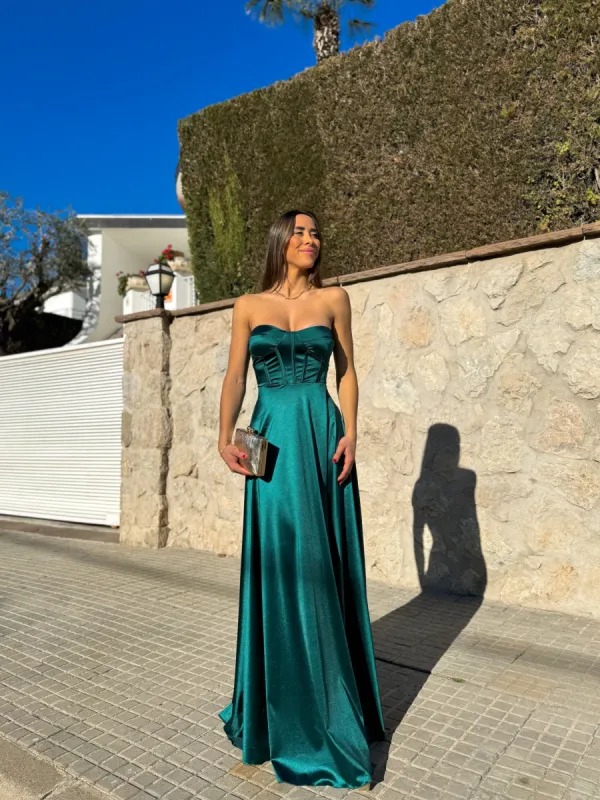 Vestido palabra corse satin petroleo sold by Sorellas