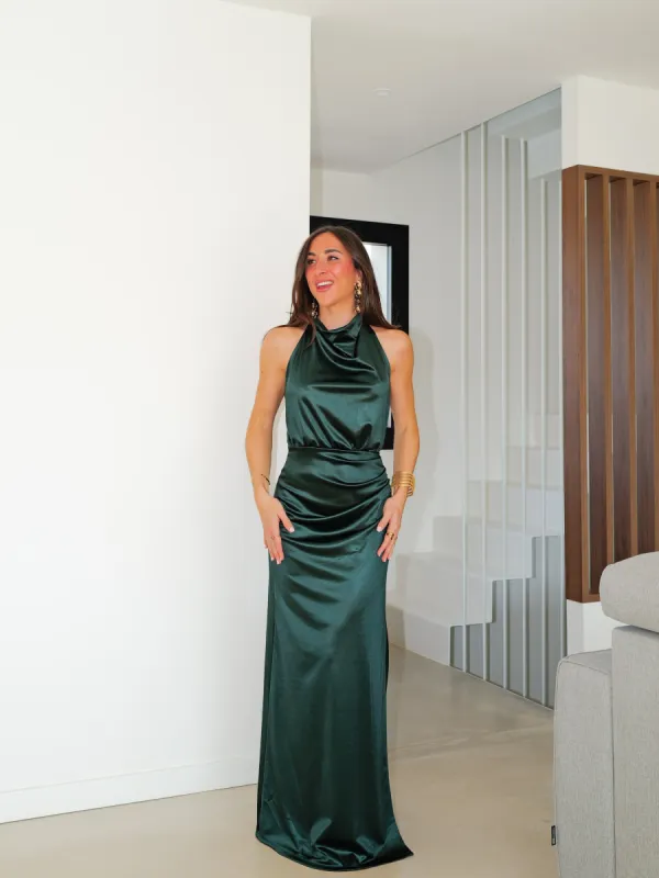 Vestido largo halter cascada satin botella sold by Sorellas