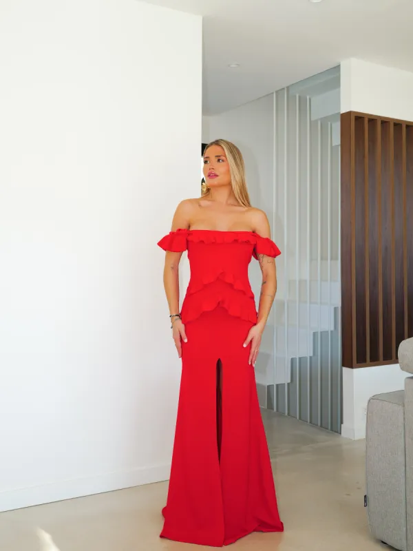 Vestido manguitos volantes rojo sold by Sorellas