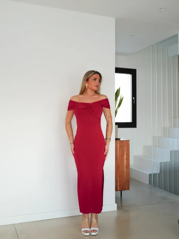 Vestido midi barco cruzado burdeos sold by Sorellas