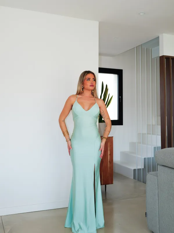 Vestido pico satin entrelazado menta sold by Sorellas