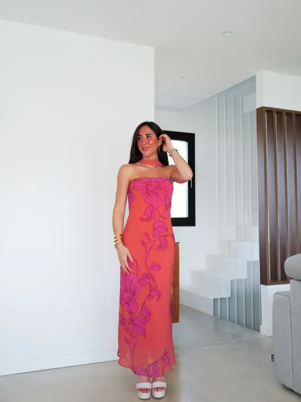 Vestido palabra midi choker flores naranja sold by Sorellas