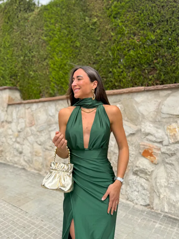 Vestido pico choker satin botella sold by Sorellas