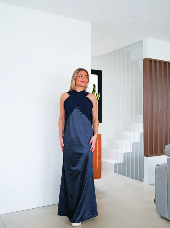 Vestido banda cruzado tulle marino sold by Sorellas